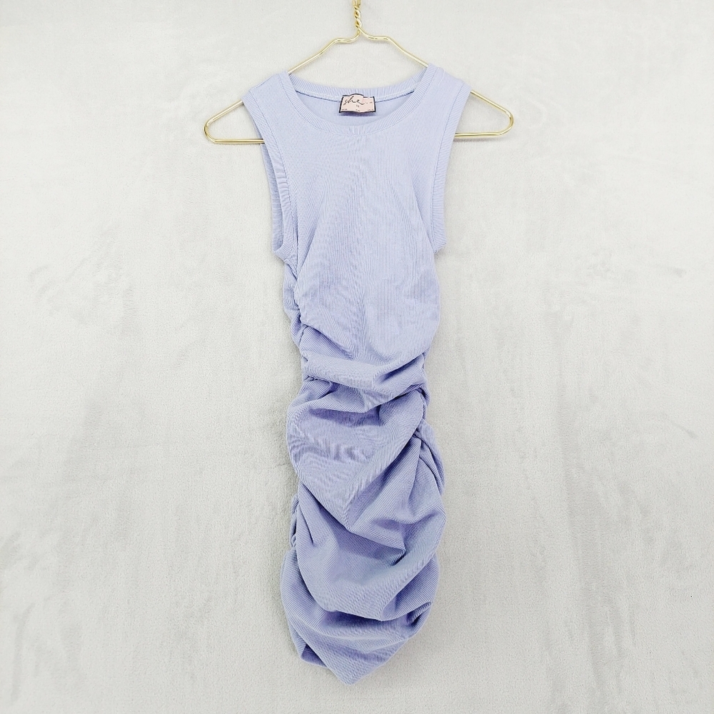 She Is Us - Textured Purple Cotton Stretch Side Ruched Tank Dress P4725